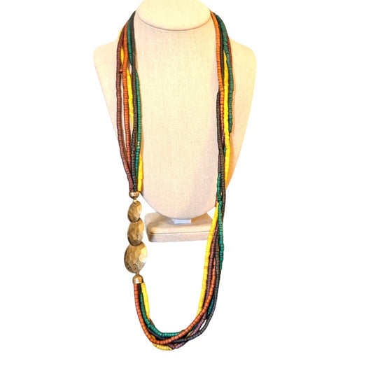 Vintage Beads in Black Brown Caramel Gold & Green Brass Accent Necklace