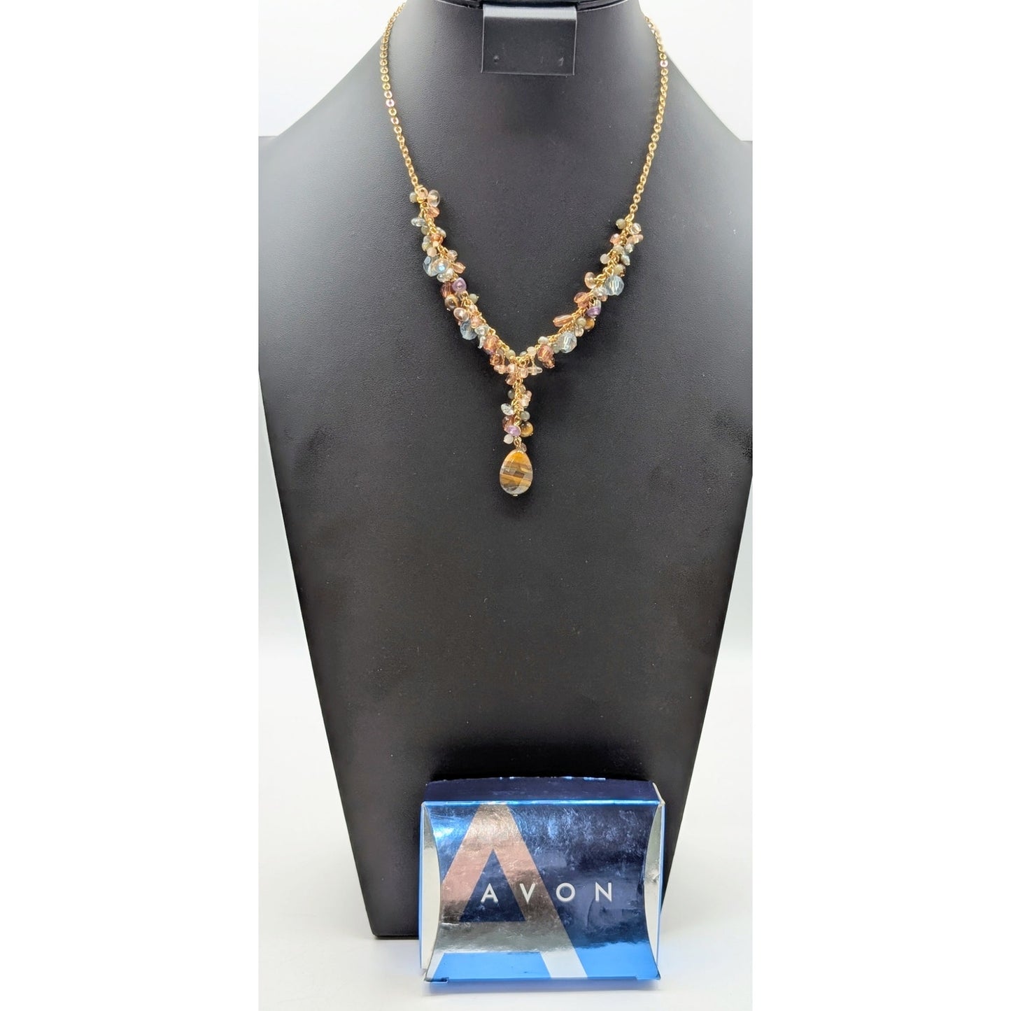 Vintage Avon Tiger's Eye Gold Tone Y Drop Cluster Beaded 16"-19" Necklace