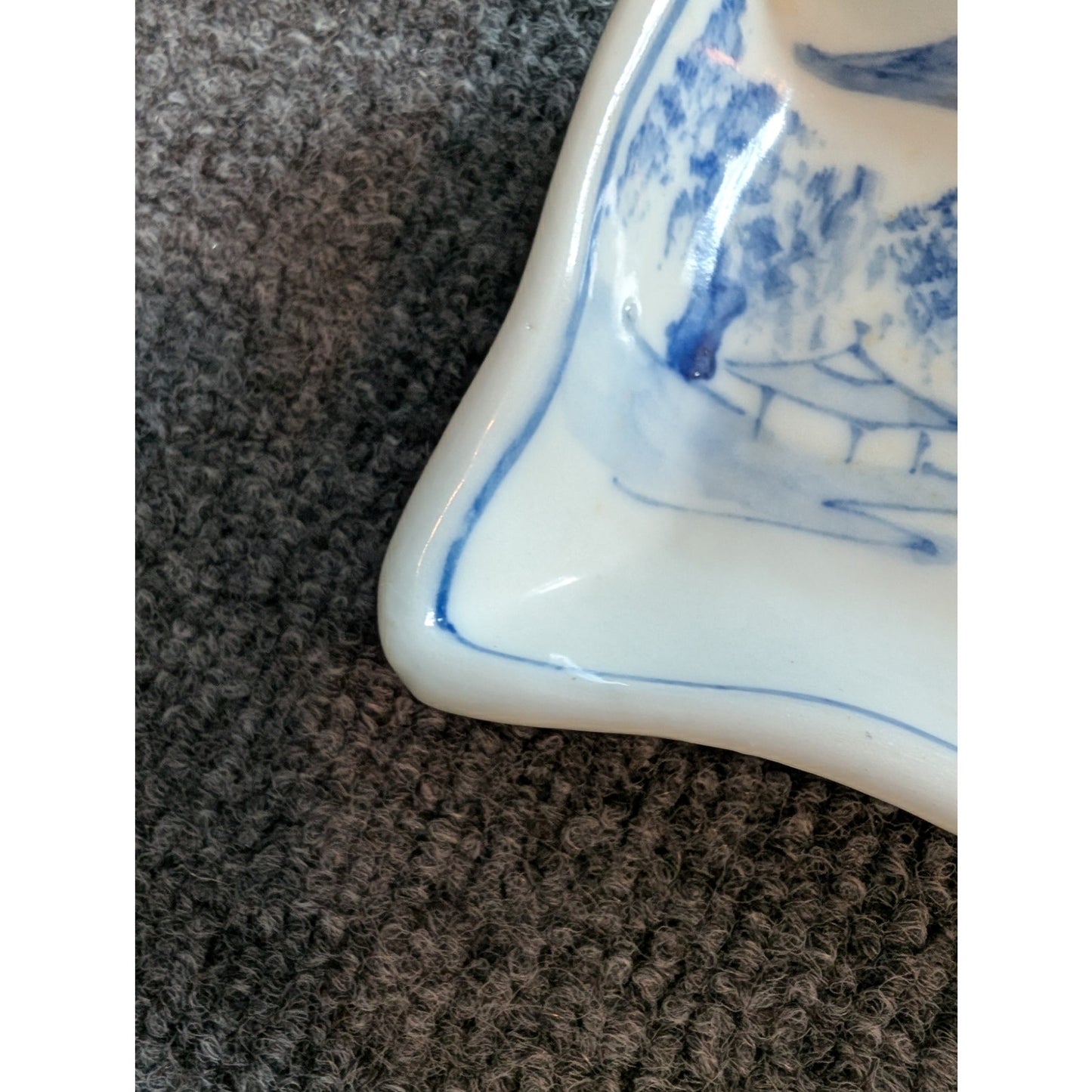 Antique Blue White Scalloped Edge Oblong Misty Landscape Painted Dish