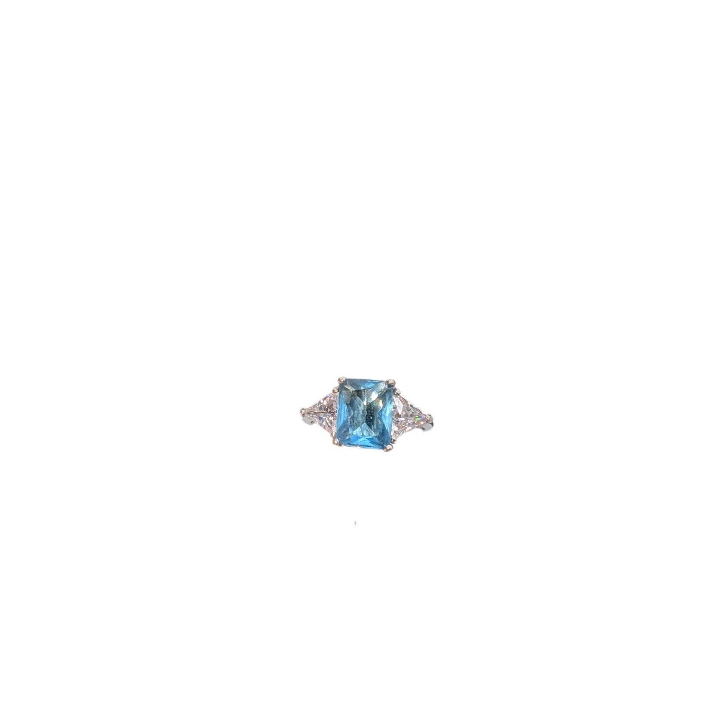 Silver Plated Blue Emerald Cut Center Stone Side Trillion CZ Cocktail Ring Sz 9