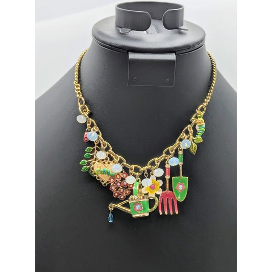 Betsey Johnson Garden Party Gold Tone Charm Dangle 15.75"-18.75" Necklace