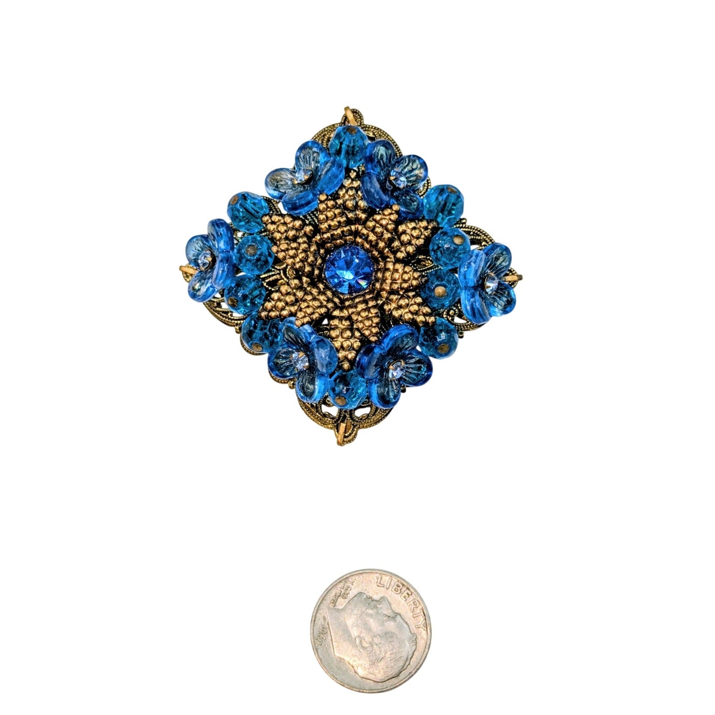 Vintage Signed Made in Germany Gold Tone Blue Floral Rhinestone Filigree Brooch
