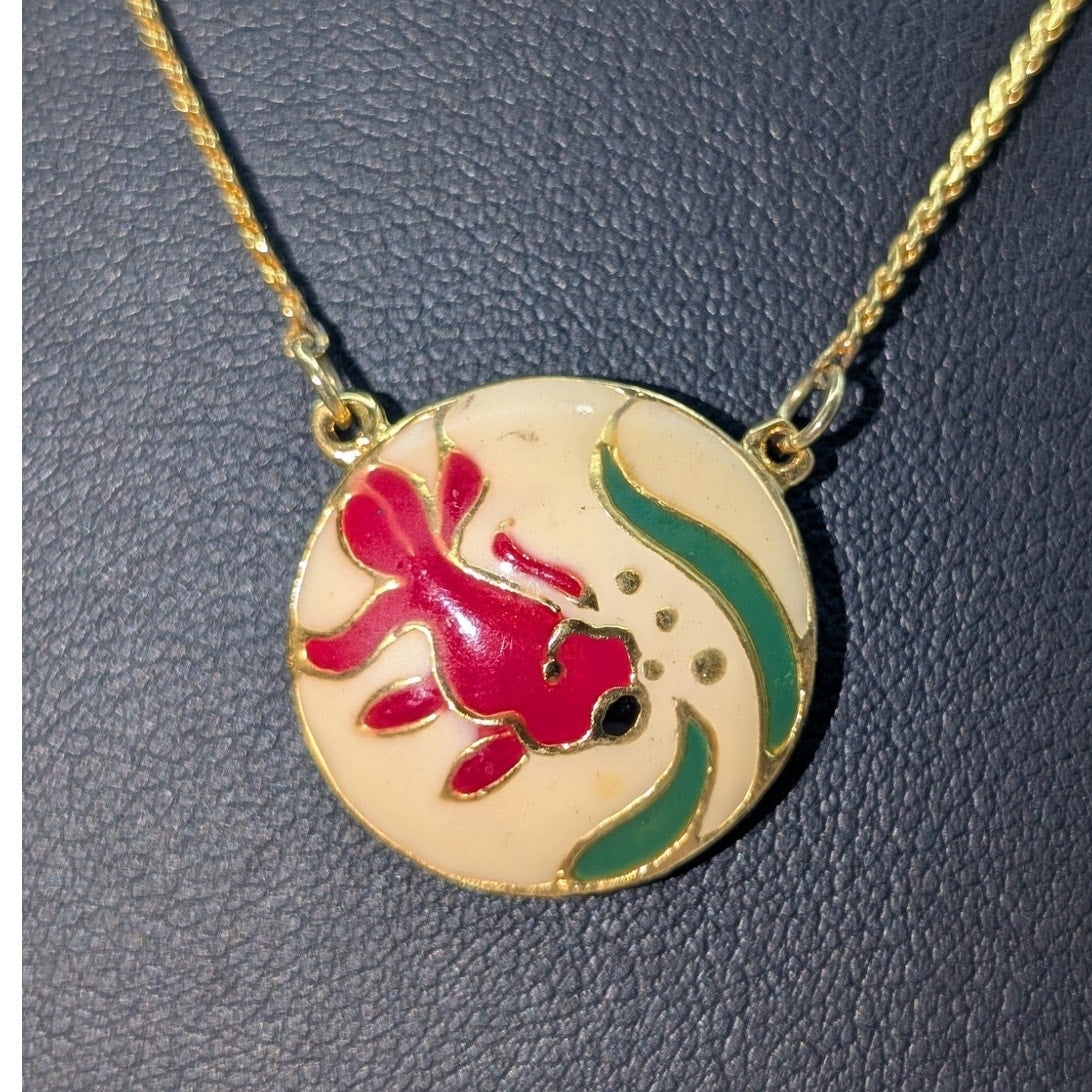Vtg Made in Thailand 17.25" Gold Tone Enamel Cloisonne Red Fish Pendant Necklace