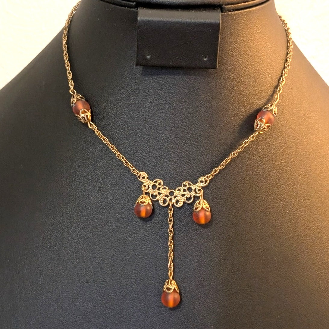 Vintage/Antique Gold Tone Frosted Brown Bead Dangle Chain Hook Clasp Necklace