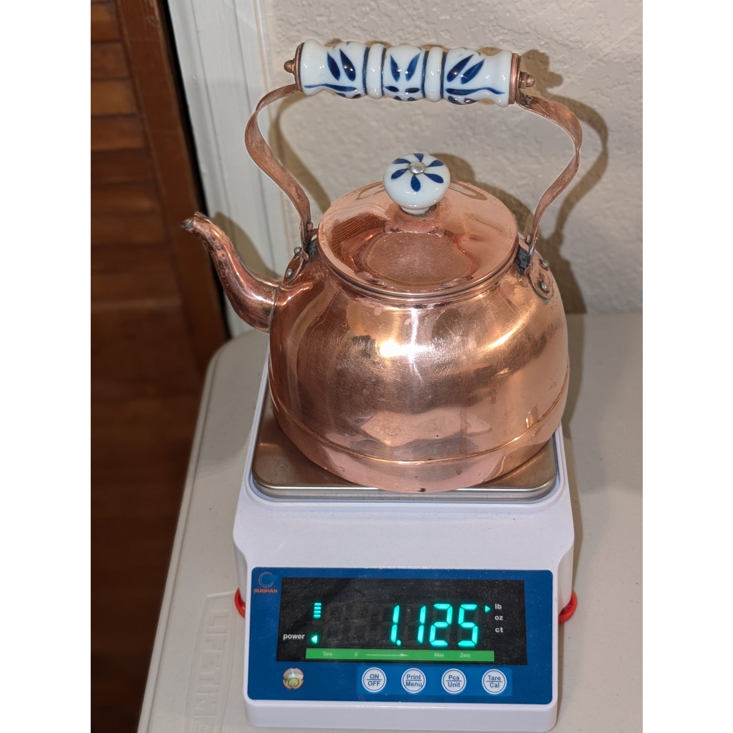 Vintage Antique Copper Tea Kettle W/ Blue White Ceramic Handle & Lid