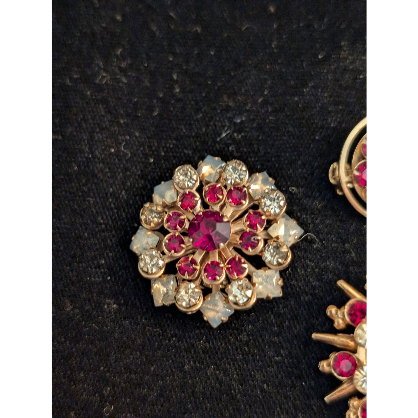 Set of Three Gold Tone Red Clear Rhinestone Unmarked Vintage Brooches