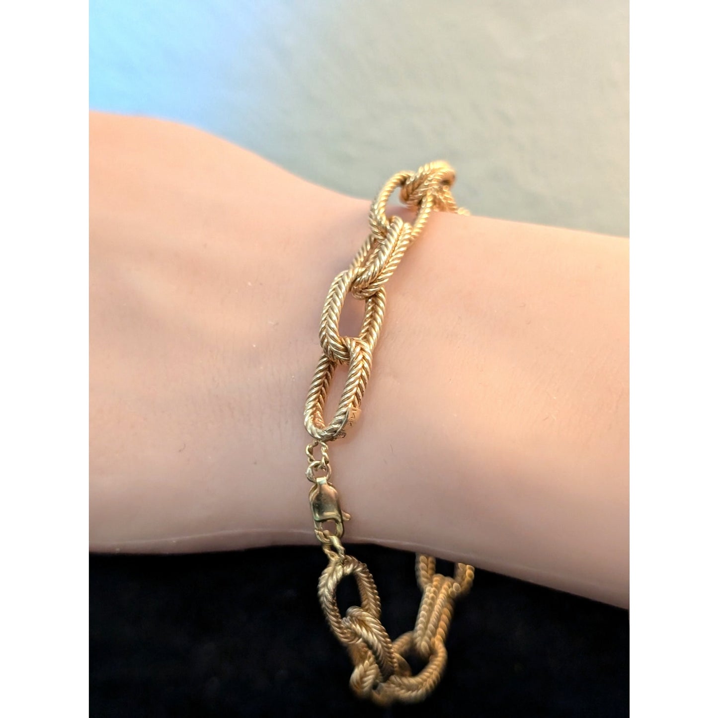14Kt Yellow Gold Textured Double Link Chain Lobster Claw Clasp Bracelet
