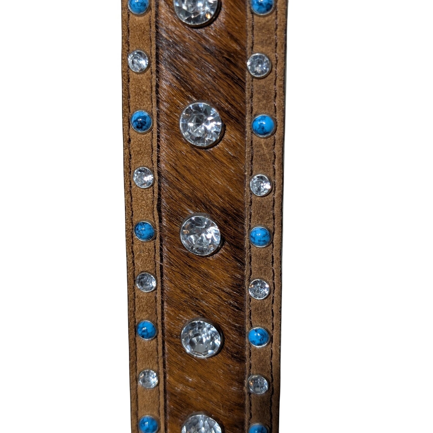 Justin DALLAS CRYSTAL Brown Western Rhinestone Turquoise Faux Fur Belt Sz 32
