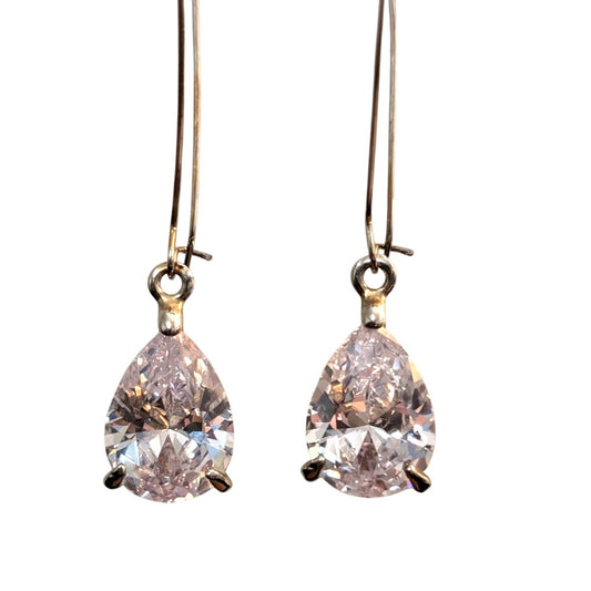 X-Large Teardrop CZ Silver Tone Kidney Wire Drop Earrings