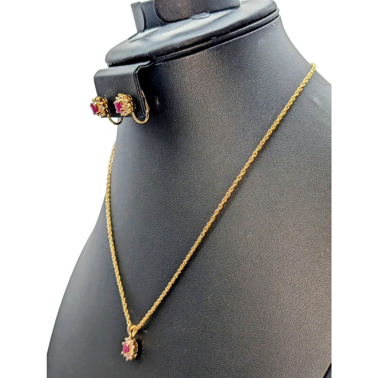 Vintage 1/20 14k Lab Created Ruby White Spinel Gold Tone Necklace & Earring Set