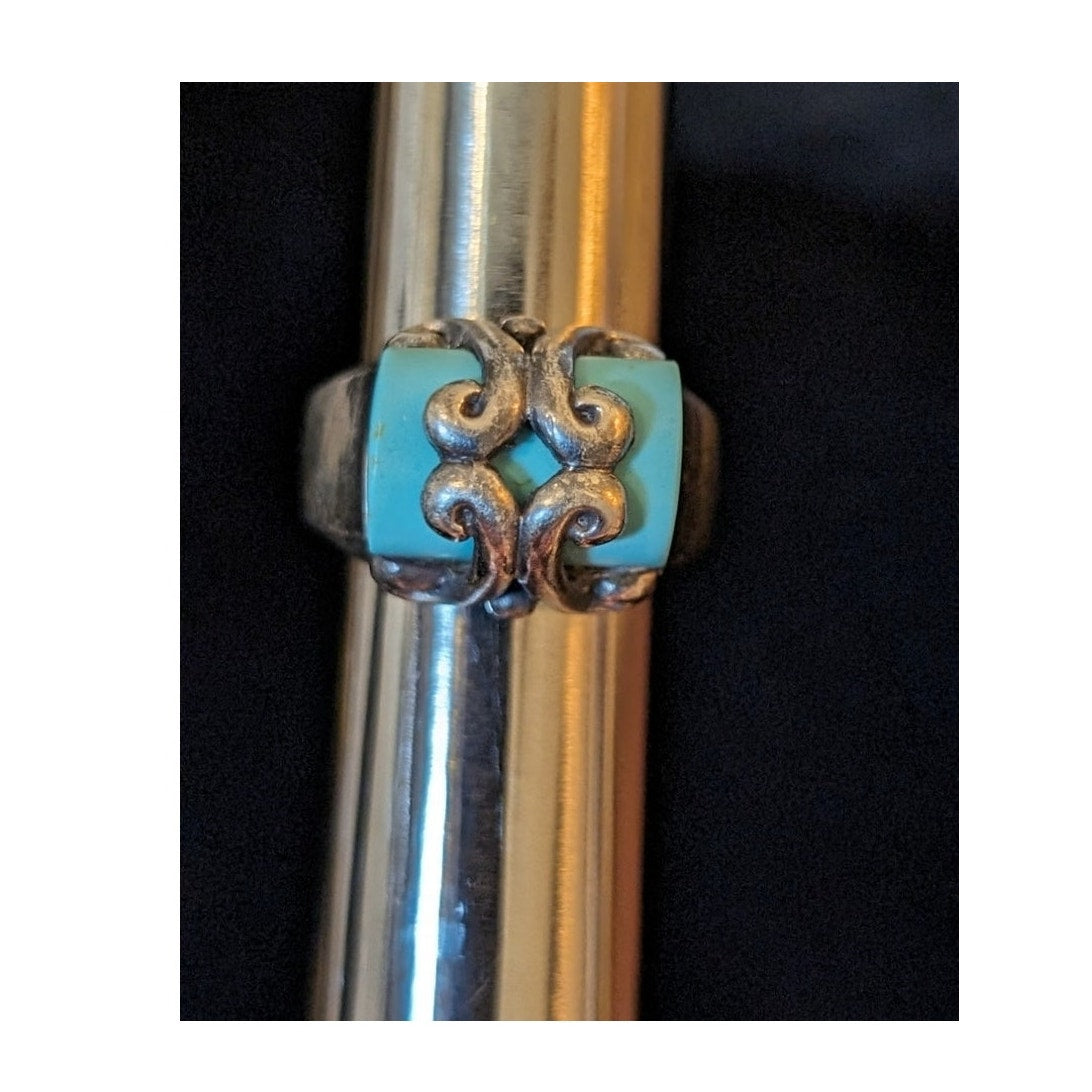 Southwestern Sterling Silver Swirl Filigree Wrapped Turquoise Ring Size 6.25