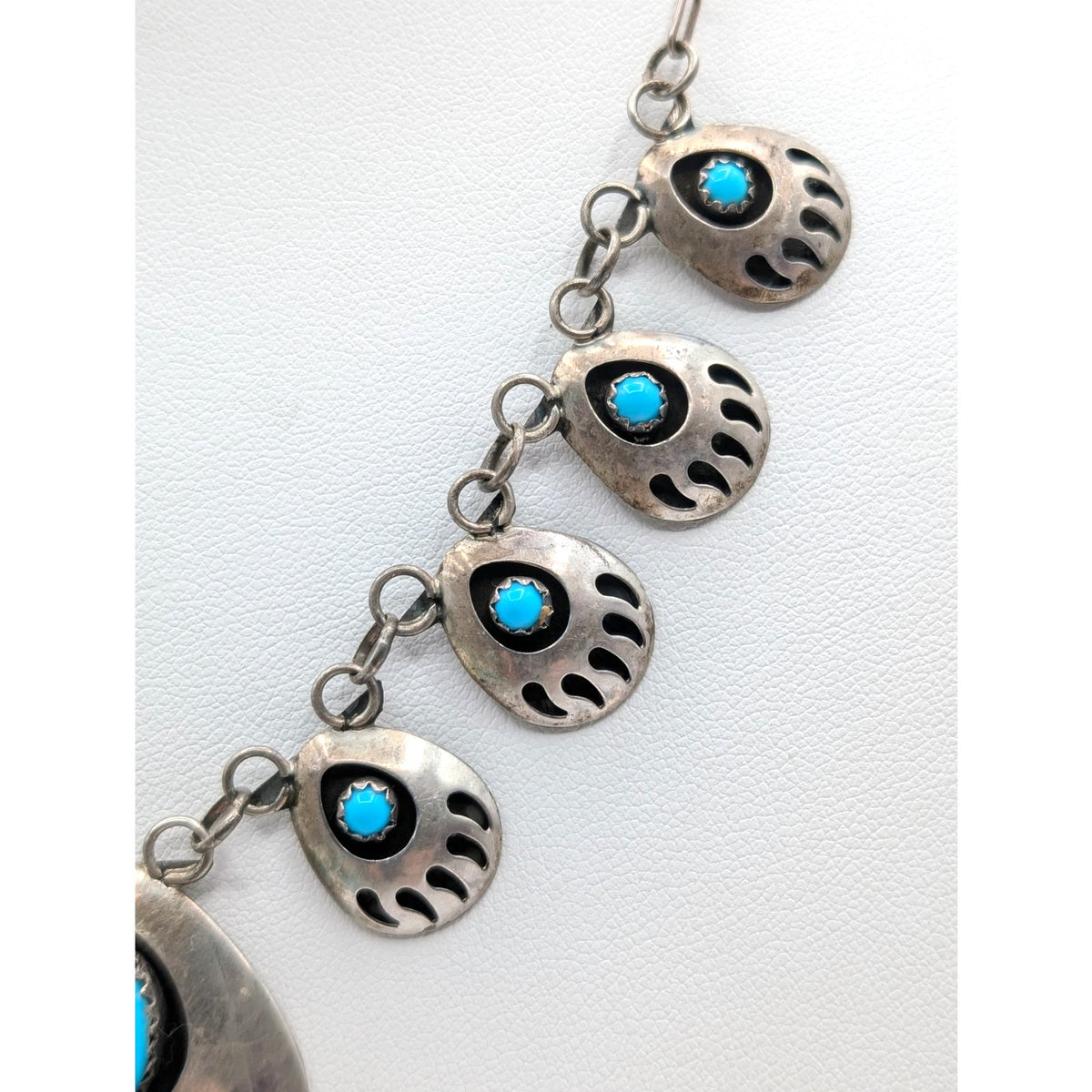 Vintage Navajo Signed SJ Sterling Silver Turquoise Bear Claw Chain 19" Necklace