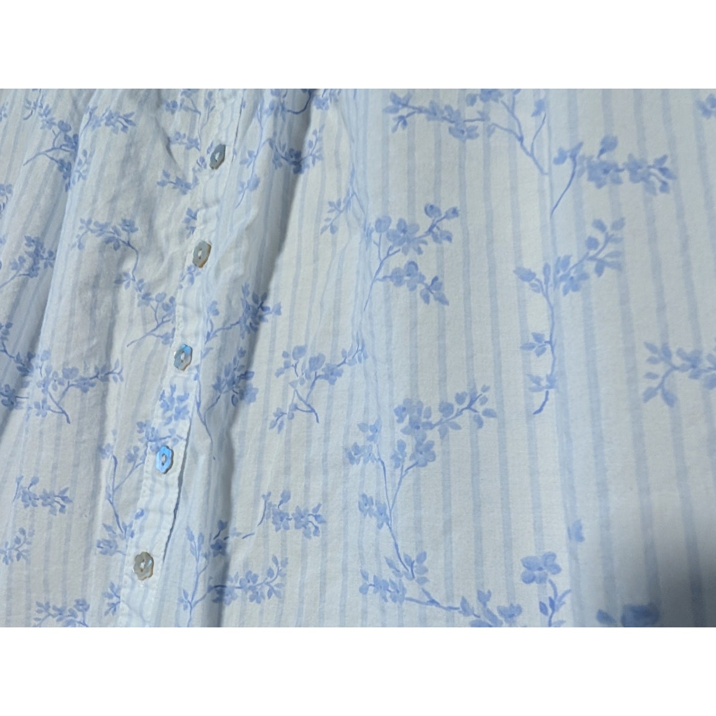 Eileen West Blue Stripe Floral Cotton Button Front 3/4 Sleeve Lace Sleepwear L