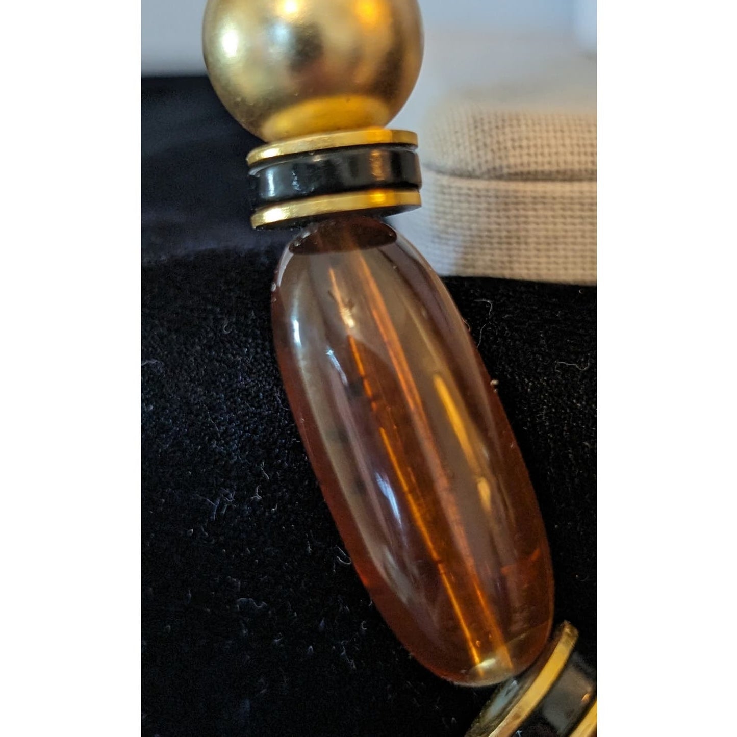 Amber Look Gold Tone Bead Long Vintage Necklace W/ Unique Barrel Clasp