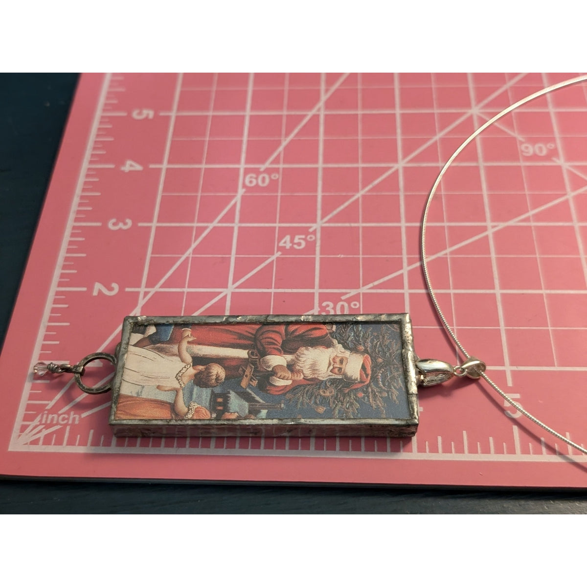 Vtg Christmas c1910 Postcard Jack O Lantern Two-Sided Soldered Pendant Necklace