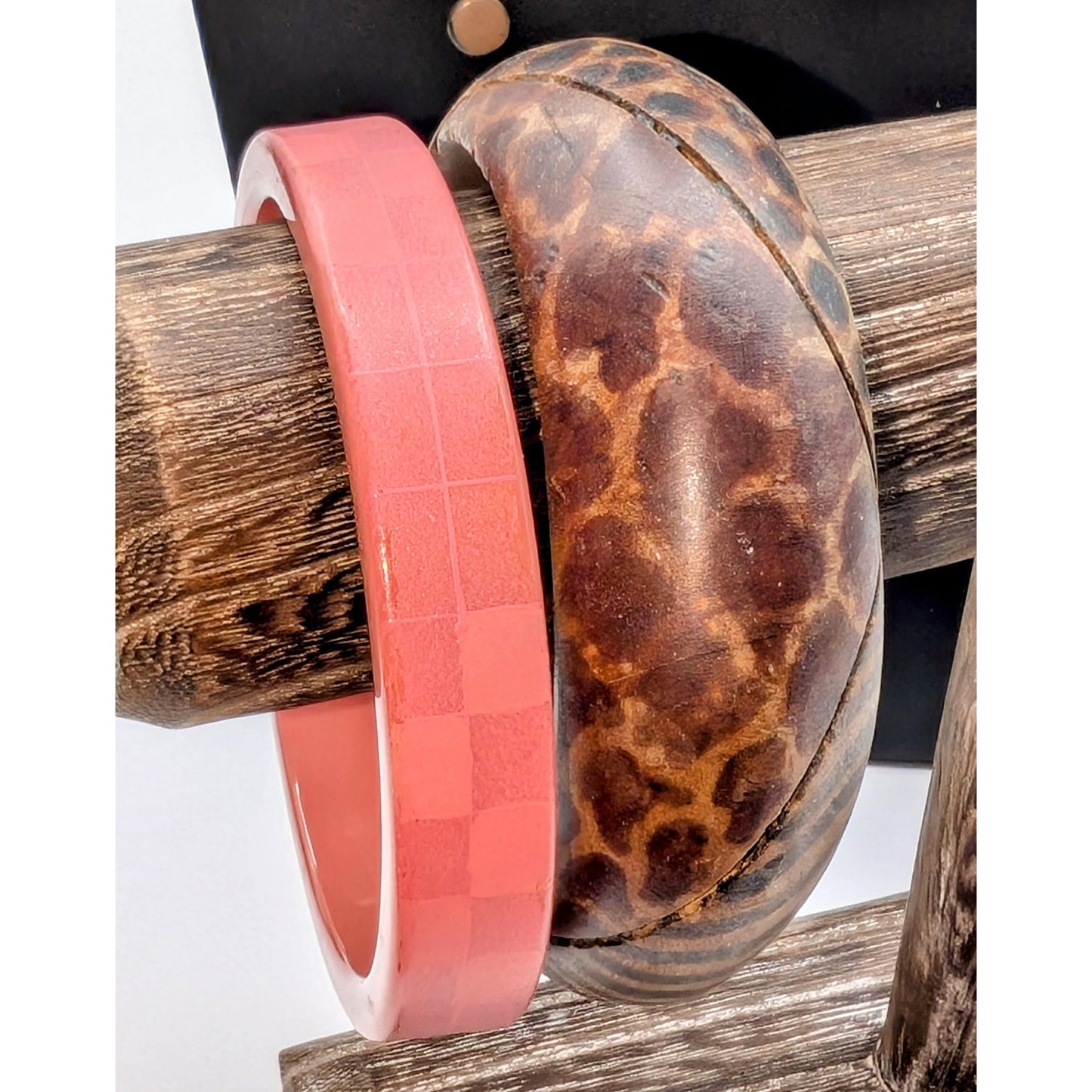Four Piece Brown Pink Wood Crystal Animal Print Lot of 2 Necklaces & 2 Bracelets