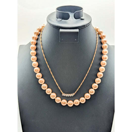 Kenneth Jay Lane 12 mm Pink Faux Pearl & Floating CZ Rose Tone Necklaces