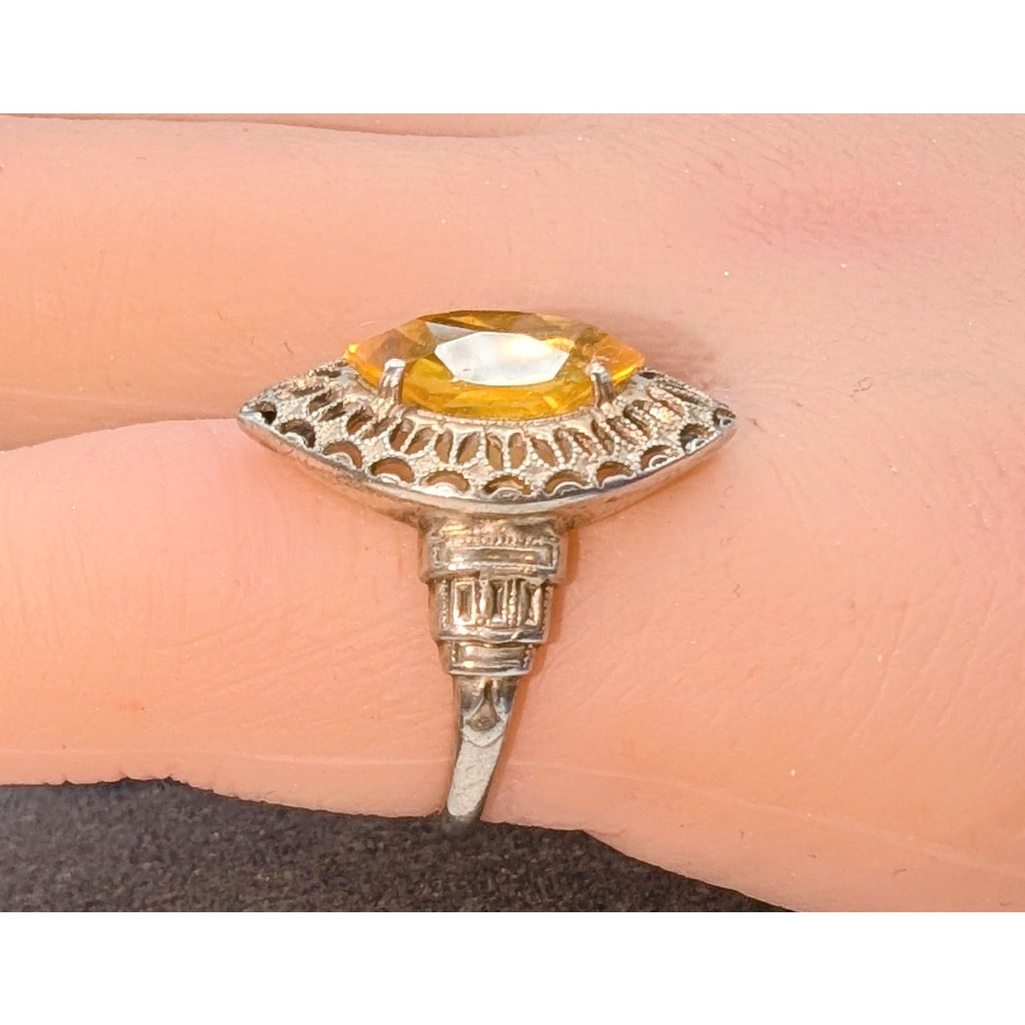 VTG Art Deco Marked Sterling PSC Tests as Yellow Sapphire Filigree Ring Sz 4.75