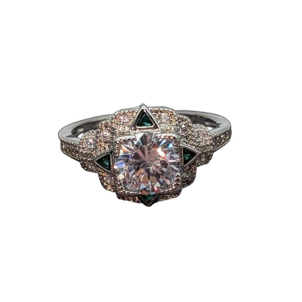 Vintage Inspired Art Deco 925 Sterling Green Trillion Round CZ Ring Sz 8.75