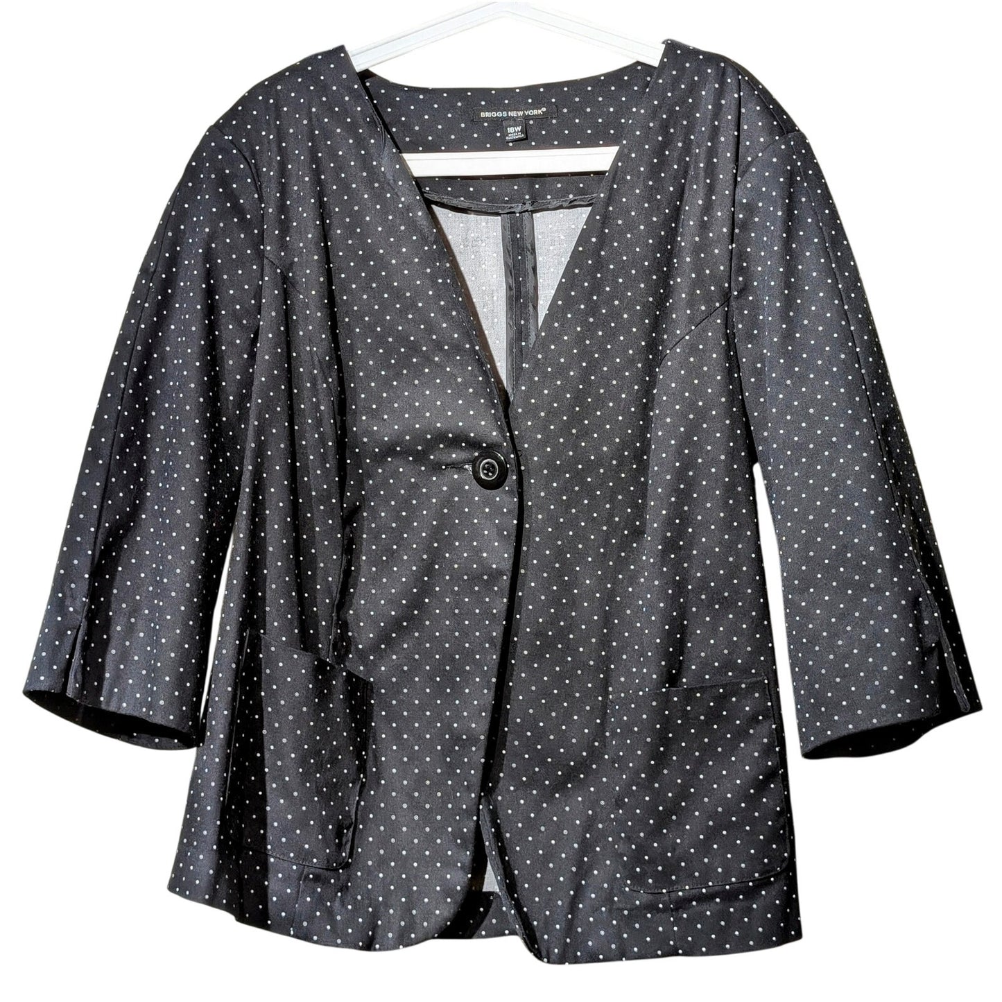 Briggs New York Black Polka Dot One Button V Cut 3/4 Sleeve Blazer Womens Sz 18W
