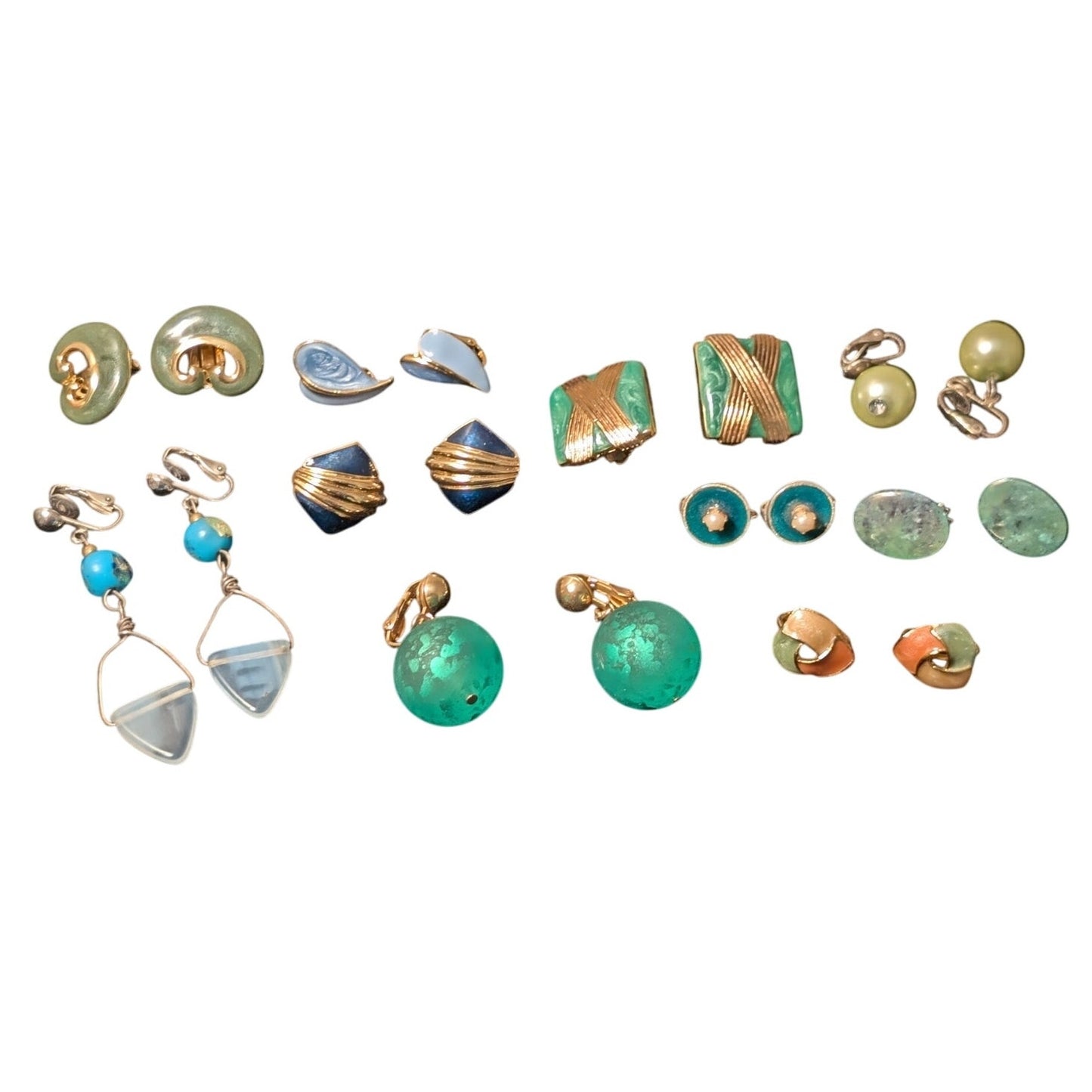 Vintage Ten Pair Blue/Green Theme Clip On Earring Lot