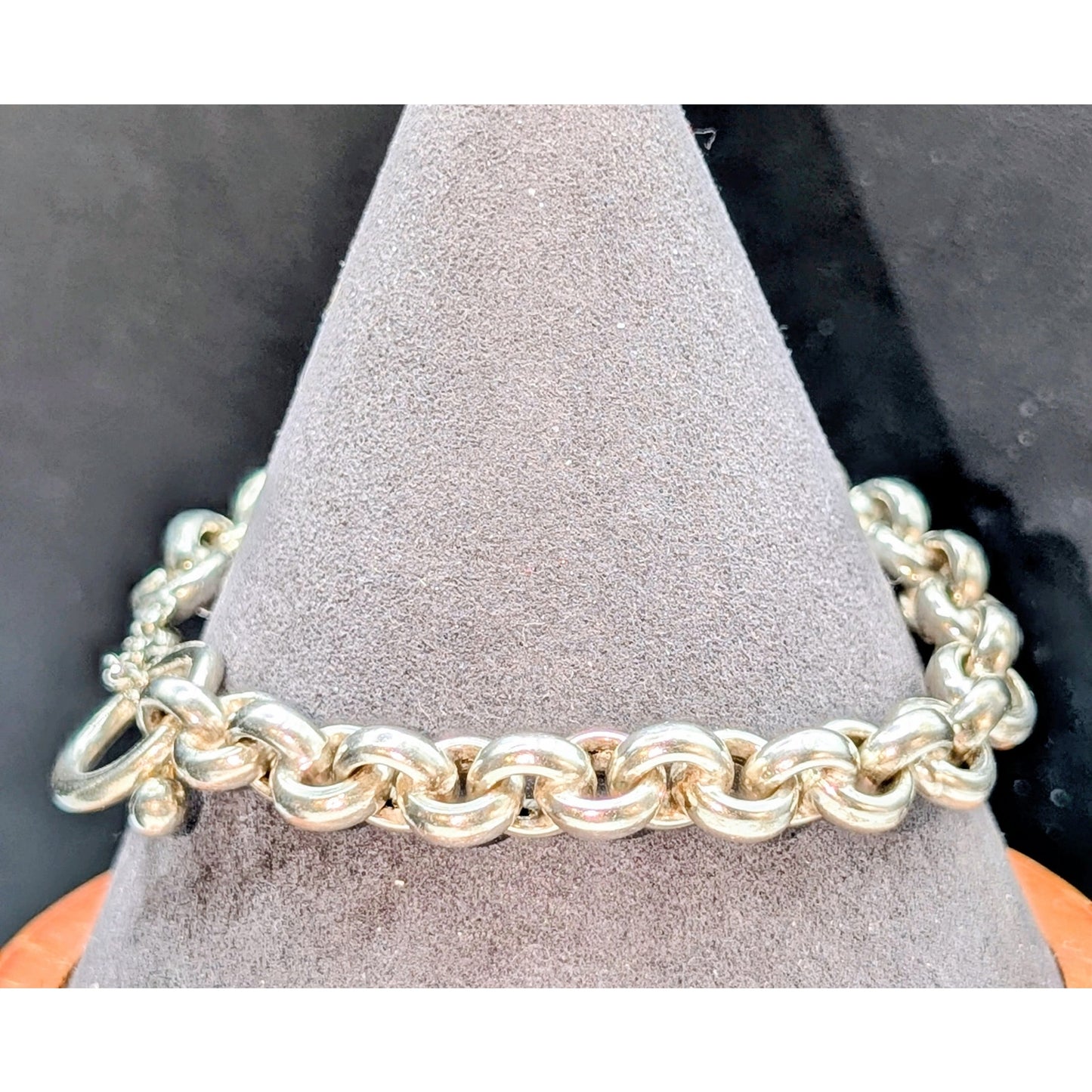 925 Italy Sterling Silver Rolo Link Toggle Clasp Bracelet 18.18g