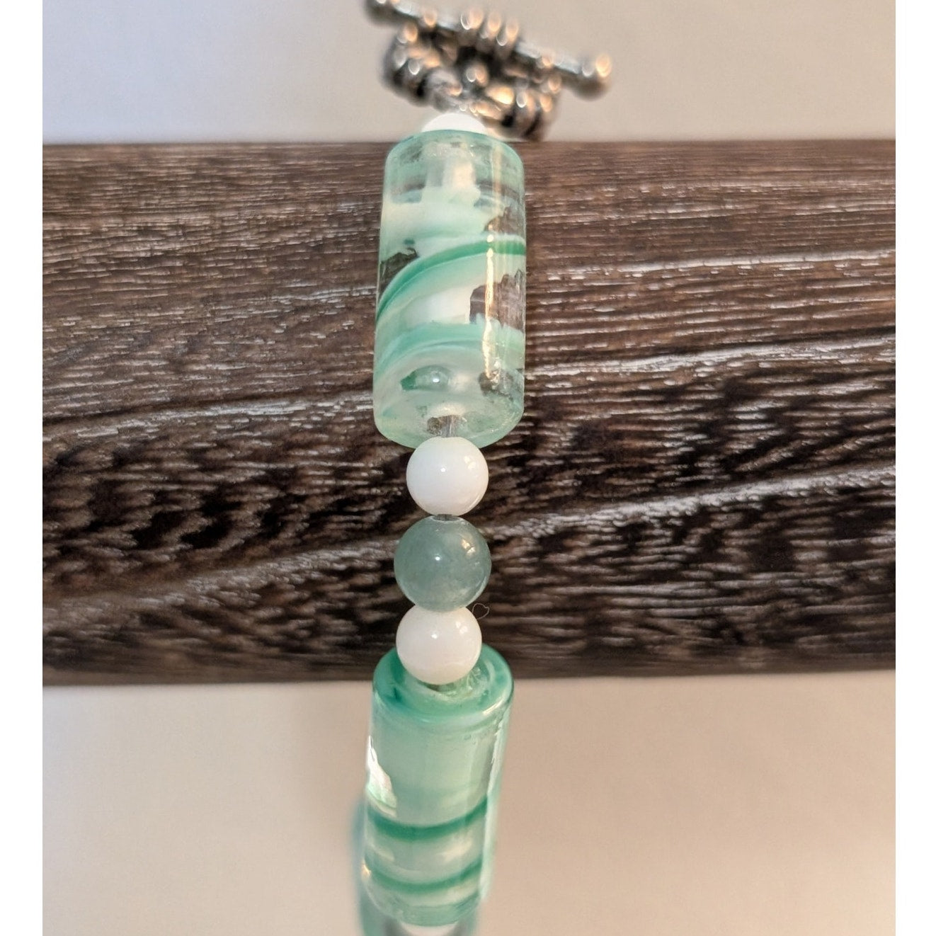Glass Mint Green Lampwork Elongated Cylinder & Stone & Milk Glass Bead Bracelet