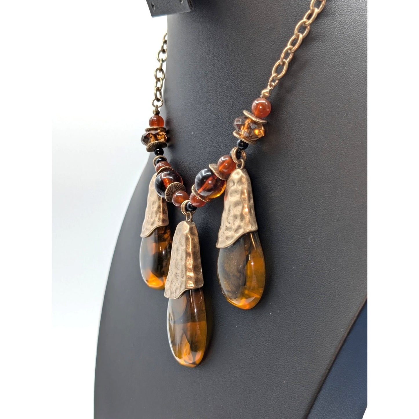 Gold Tone Three Large Amber Look Lucite Teardrop Dangles Beaded Chain Necklace