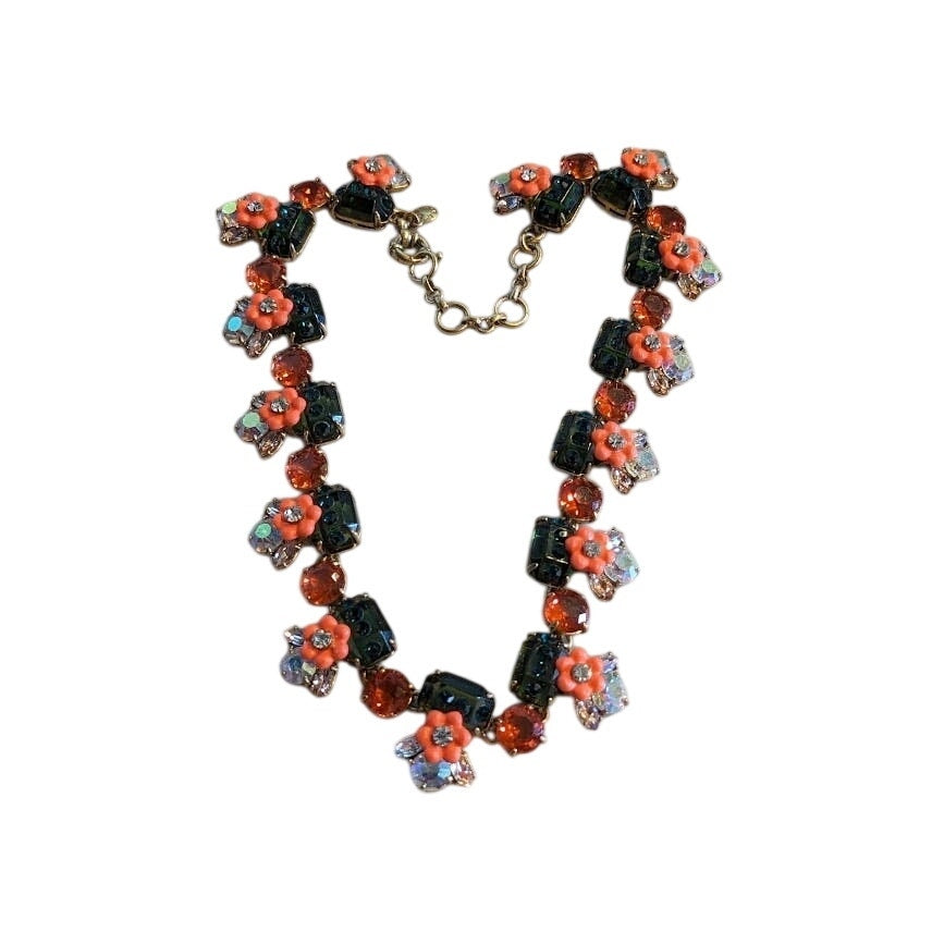 J. Crew Floral Orange Green Jewel Statement Necklace