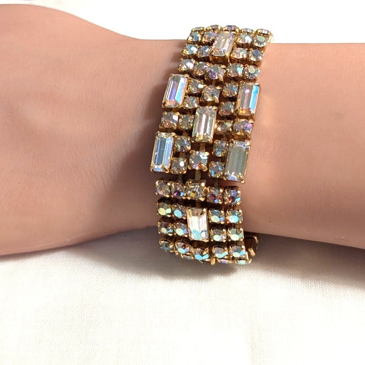 Vintage 1960s Unsigned Aurora Borealis Crystal Gold Tone Wide Bracelet W/ Safety