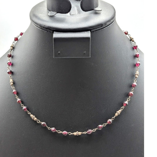 Vtg 925 Sterling Silver Garnet Stone Bead Rosary Style Chain 16"-18" Necklace