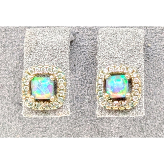 Vintage 925 Sterling Silver Opal White Topaz Surround Stud Earrings