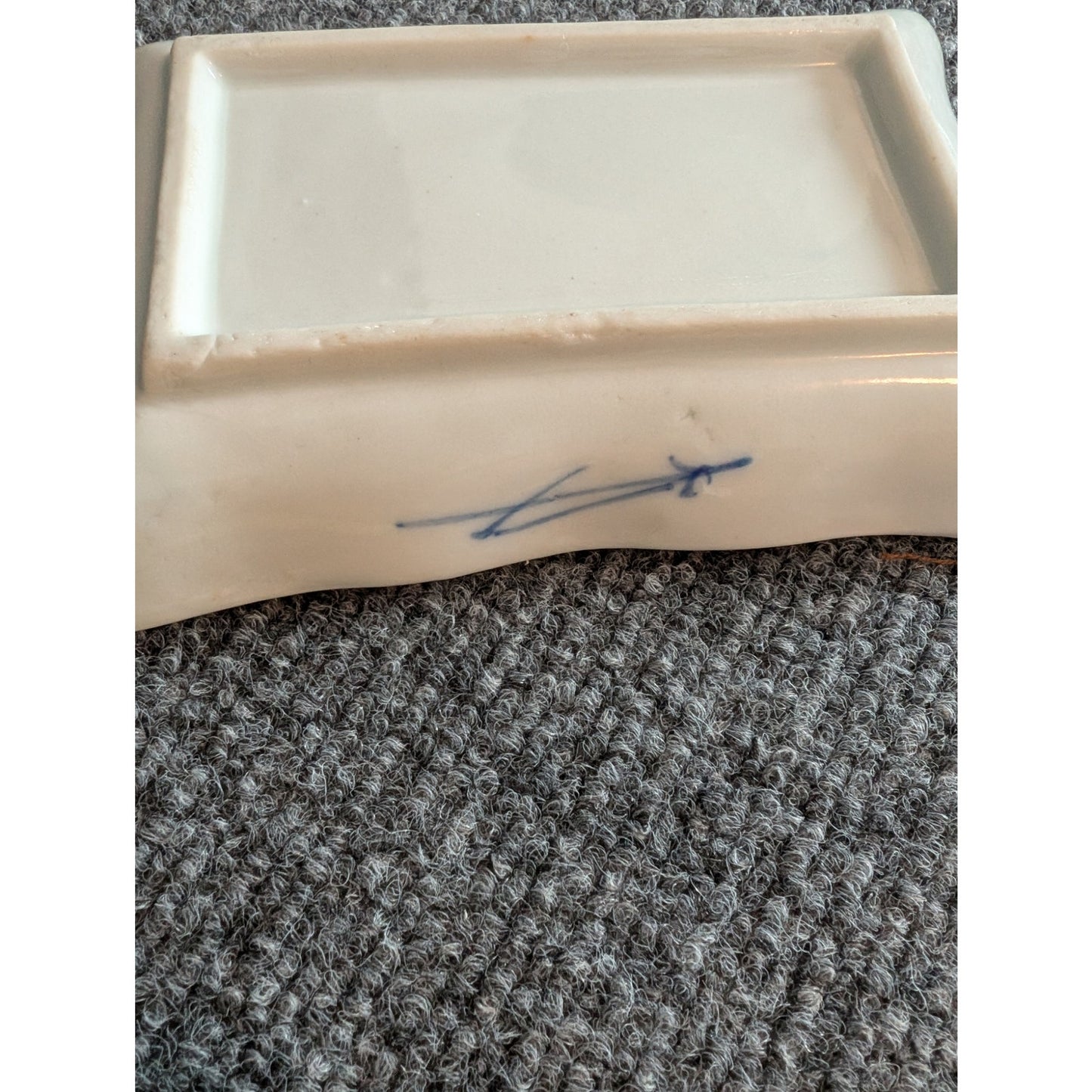 Antique Blue White Scalloped Edge Oblong Misty Landscape Painted Dish
