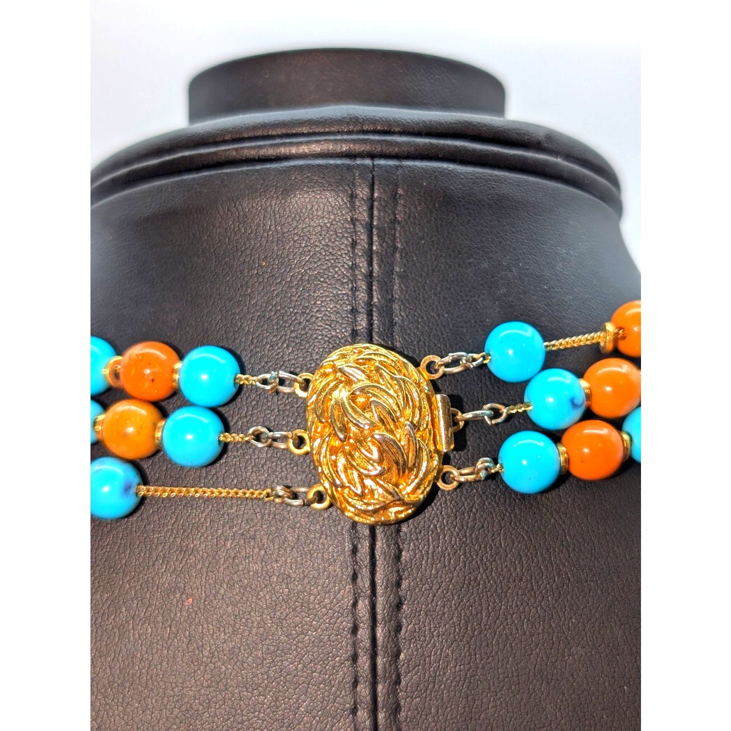 Vintage Three Strand Aqua Brick Gold Tone & Silver Tone Beaded Pendant Necklace