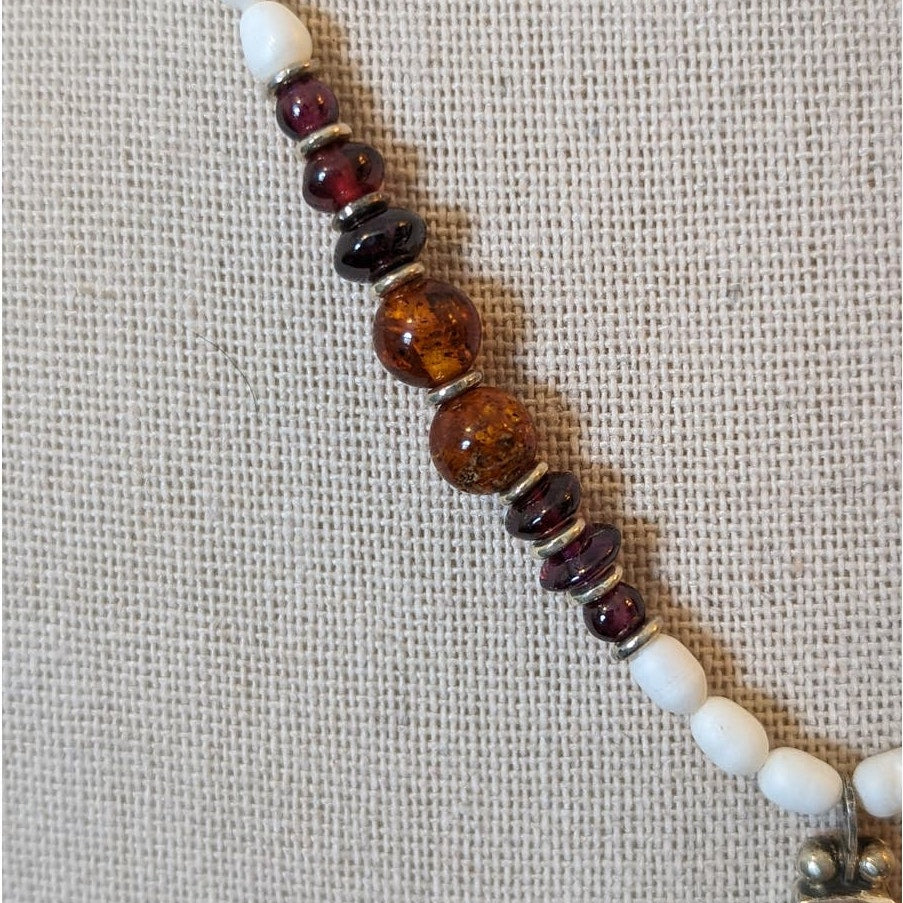 DEL Sterling Amber Heart Amber Garnet Freshwater Pearl Pendant Necklace