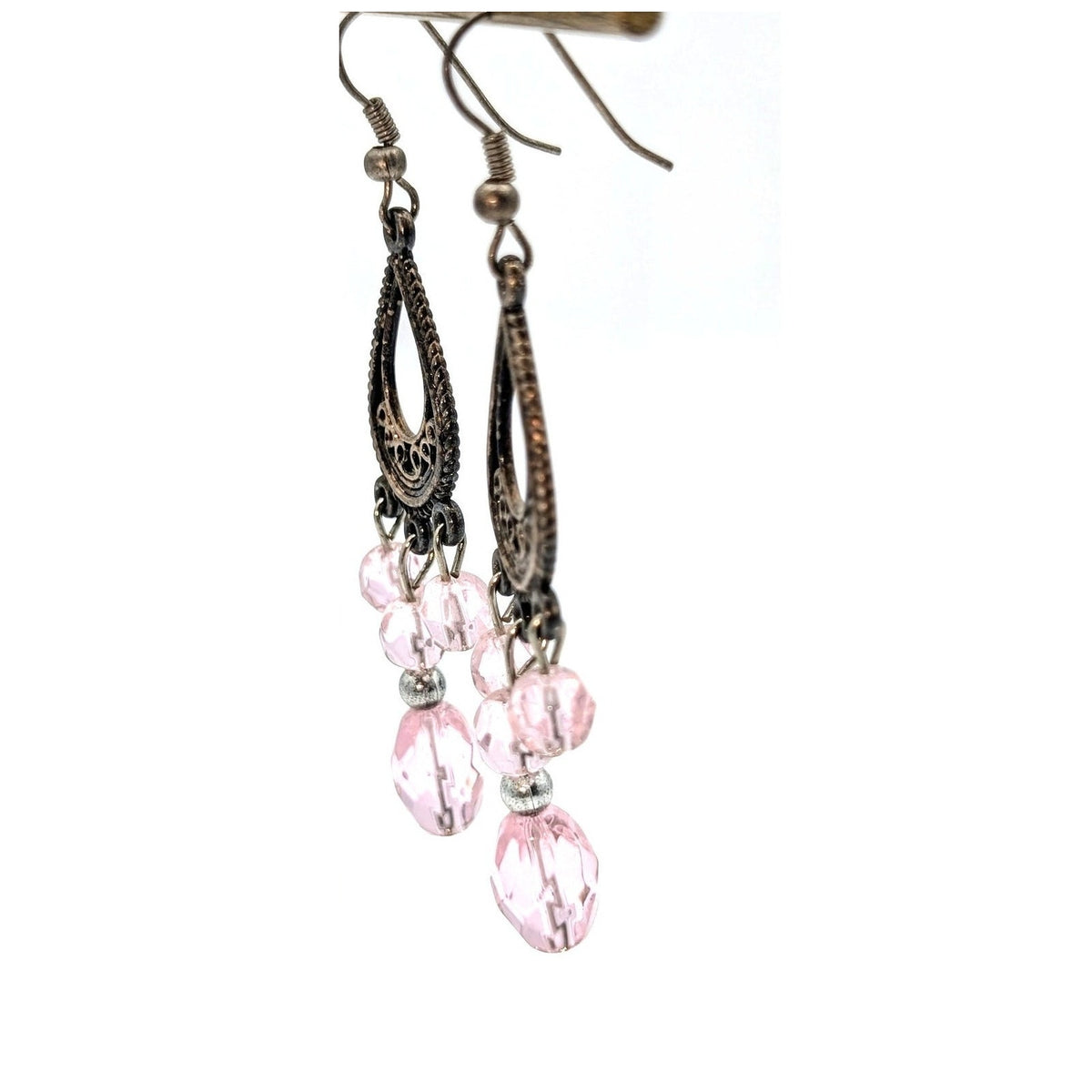 Antiqued Gold Tone Filigree Teardrop Pale Pink Crystal Dangle Earrings