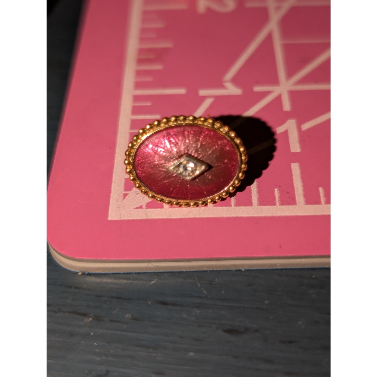 Vintage Unsigned Pink Enamel Oval Beaded Center Rhinestone Clip On Earrings
