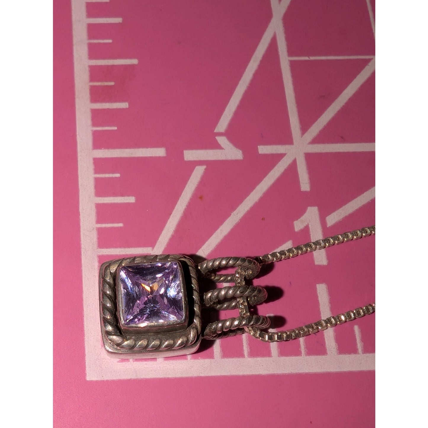 VTG Lori Bonn 925 Sterling Silver Purple Stone Pendant Box Chain 16" Necklace