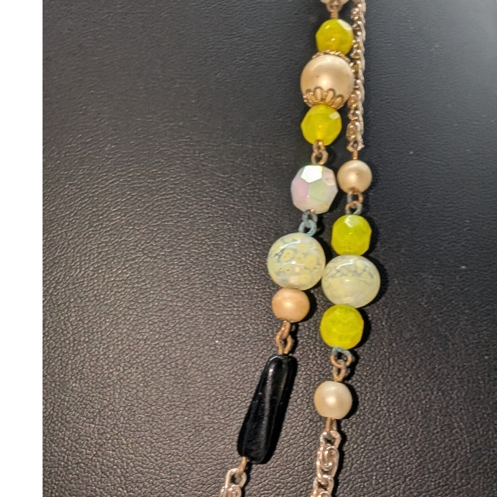 Vintage Black Yellow Cream White Beaded Station Chain Long 60" Necklace