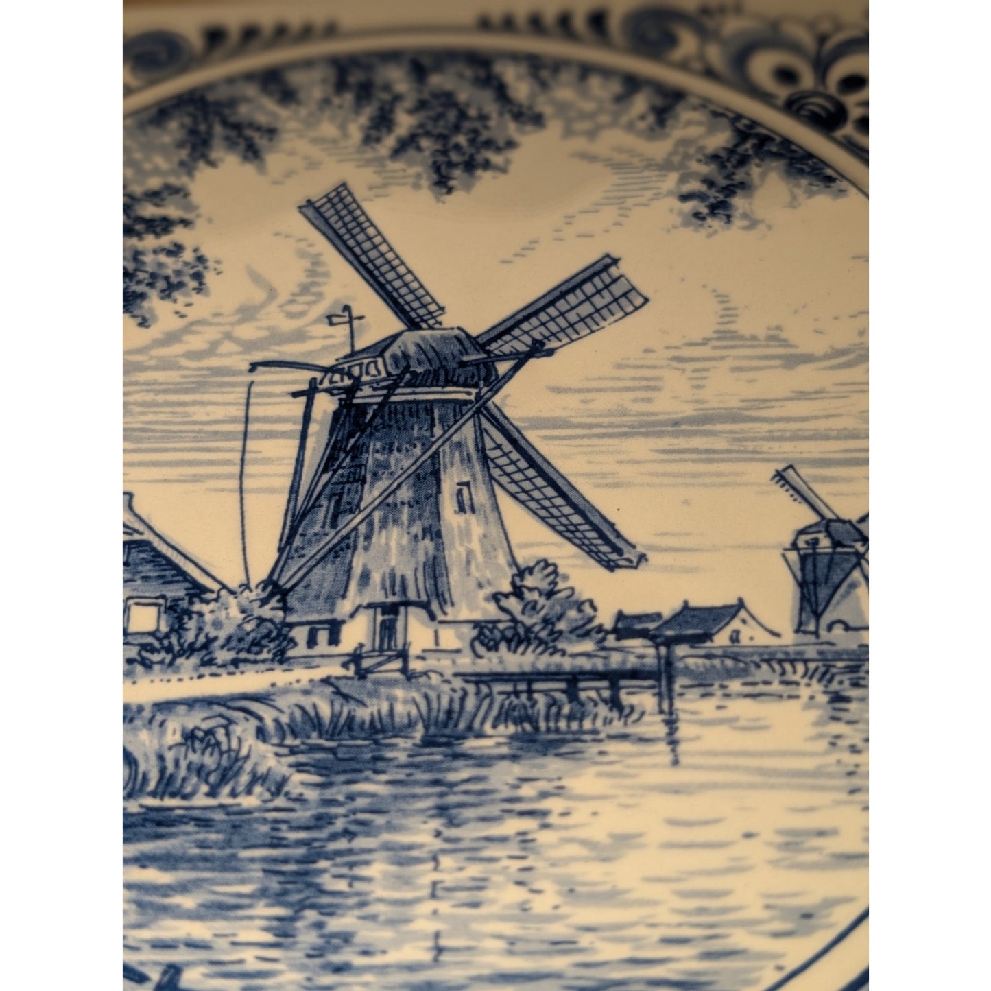 Vintage Signed Delft Hand Painted Windmill Scene Porcelain Tile W/ Cotton Hook