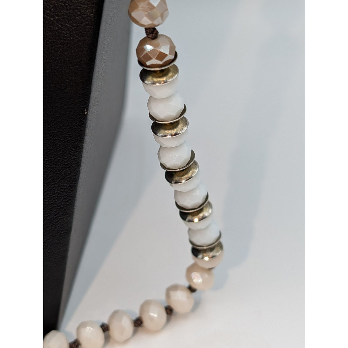Long Strand Taupe Champagne Czech Milk Glass Silver Rondelle Bead Boho Necklace