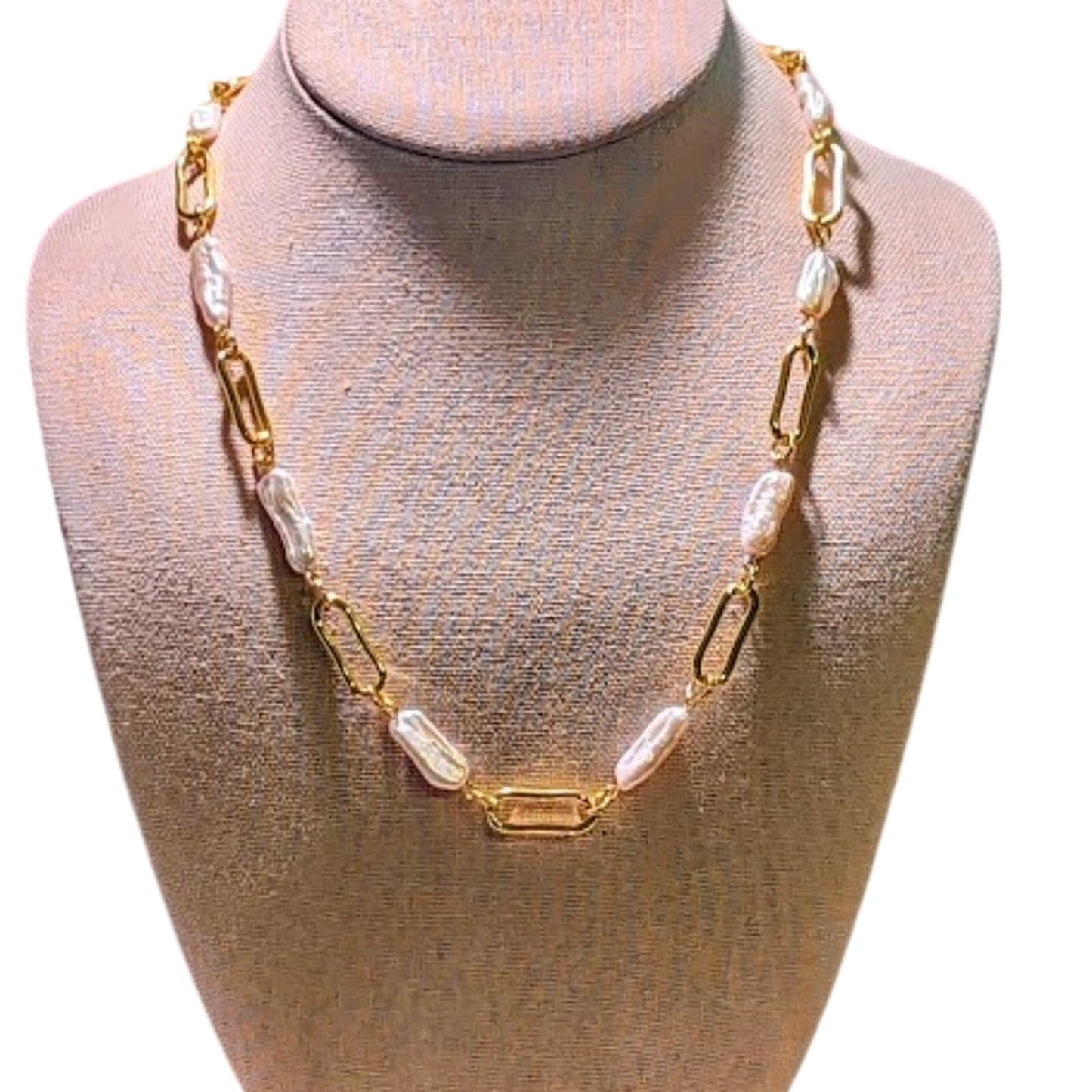 Paper Clip Gold Tone Link and Fresh Water Baroque Nugget Faux Pearl Necklace
