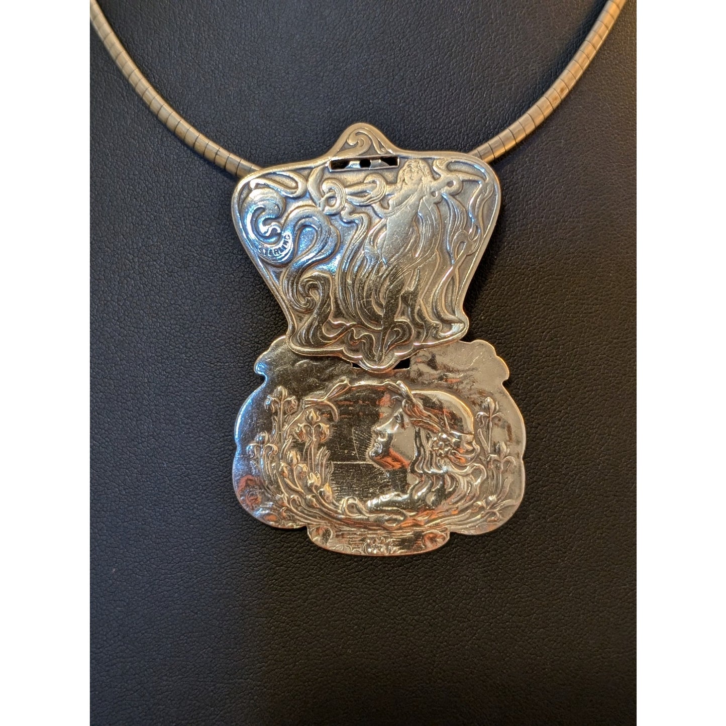 Unique Sterling Silver Art Nouveau Luggage Tag Earring & Sterling Omega Necklace