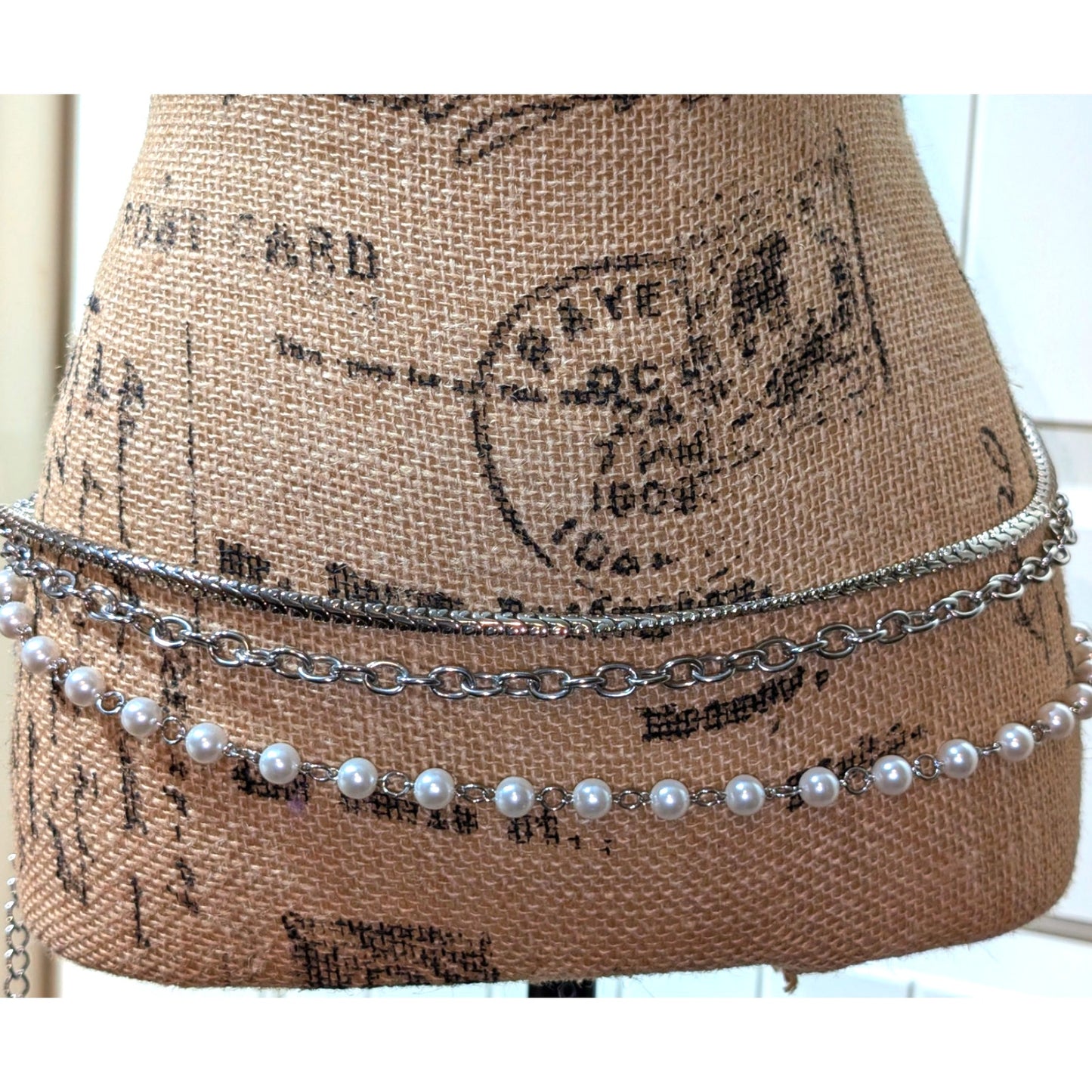 Vintage Silver Tone Three Strand Faux Pearl & Chain Link Belt 34"-45"