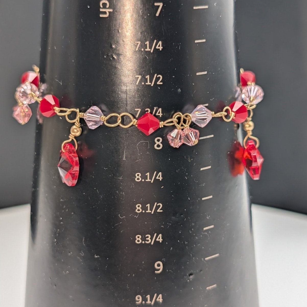 Vintage 14K Gold Filled Gold Chain Pink & Red Crystal Bead Dangle Bracelet