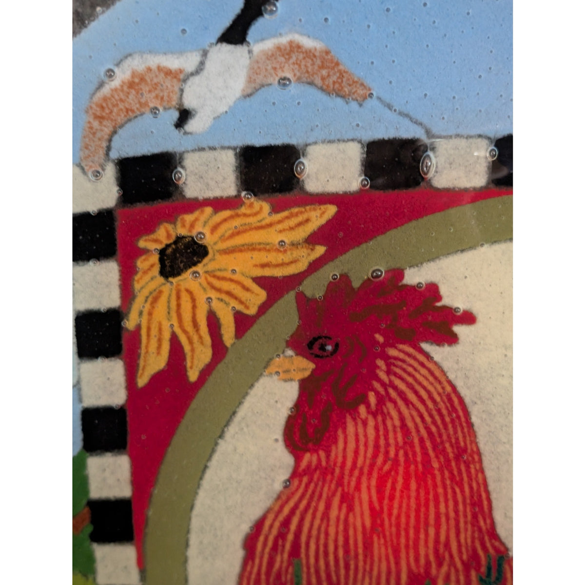 Vintage Peggy Karr Fused Glass Farm Scene Rooster Sunflower Bee Plate/Platter