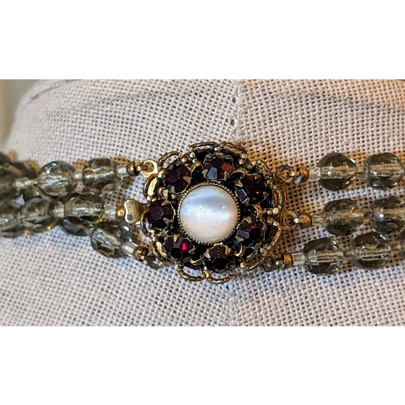 Vintage Gray Clear Faceted Crystal, Lava, Foil Bead Necklace W/ Fancy Clasp