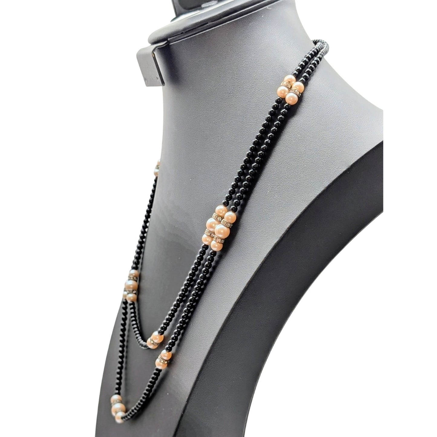 Vintage 50" Black Glass Bead Faux Pearl Rhinestone Rondelle Bead Necklace