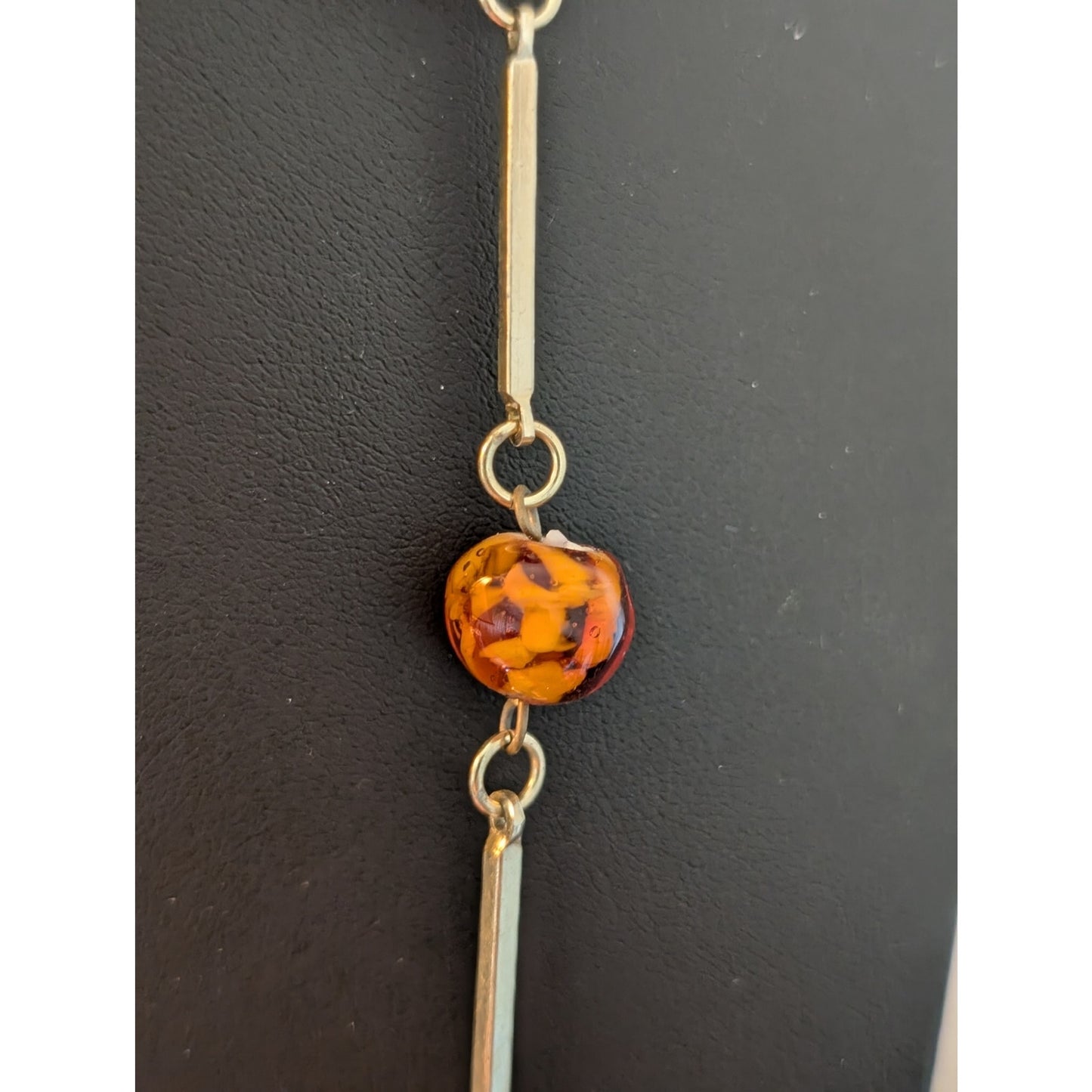 Rare Vintage Mid Century Amber Art Glass Bar Bead Gold Tone 30" Necklace