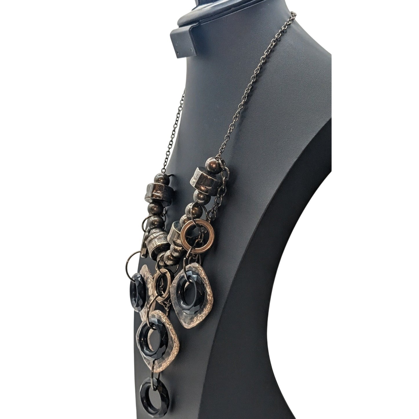 Chunky Geometrical Gun Metal Crackled Clear & Black Loopy Bead Chain Necklace